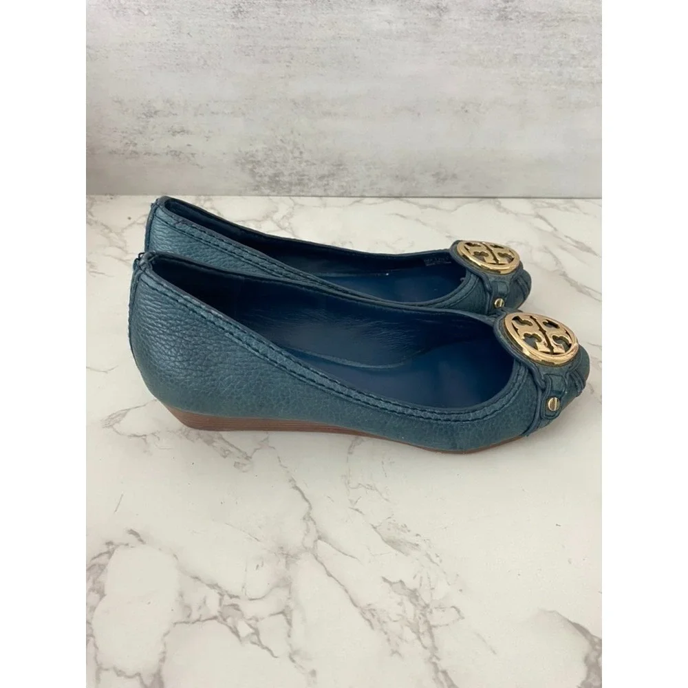 Tory Burch Navy Blue Leather Leticia Wedge Pumps Sz 6M Blue Logo Office Work